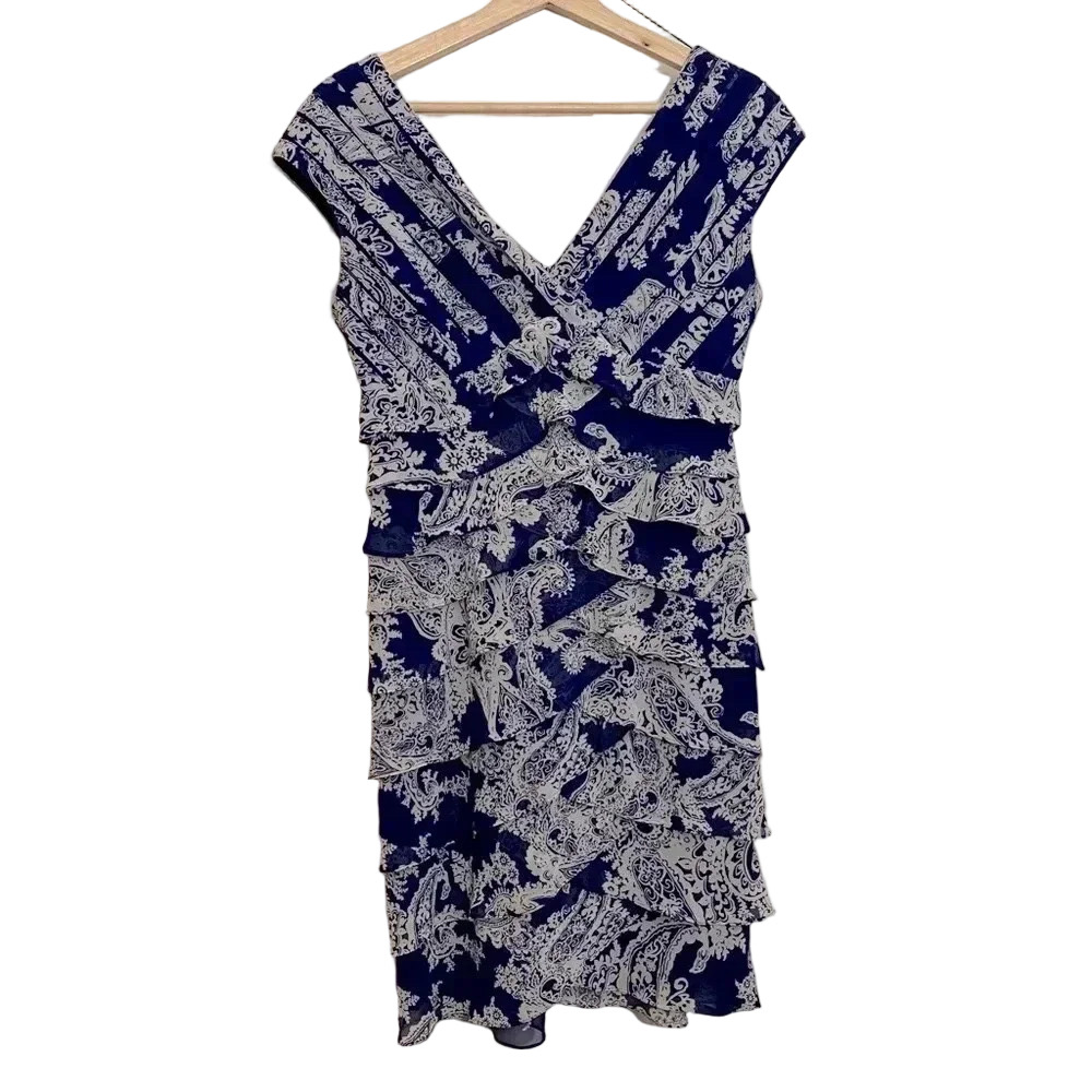 Adrianna Papell women navy-white paisley  ruffled V neckline sleeveless dress 4